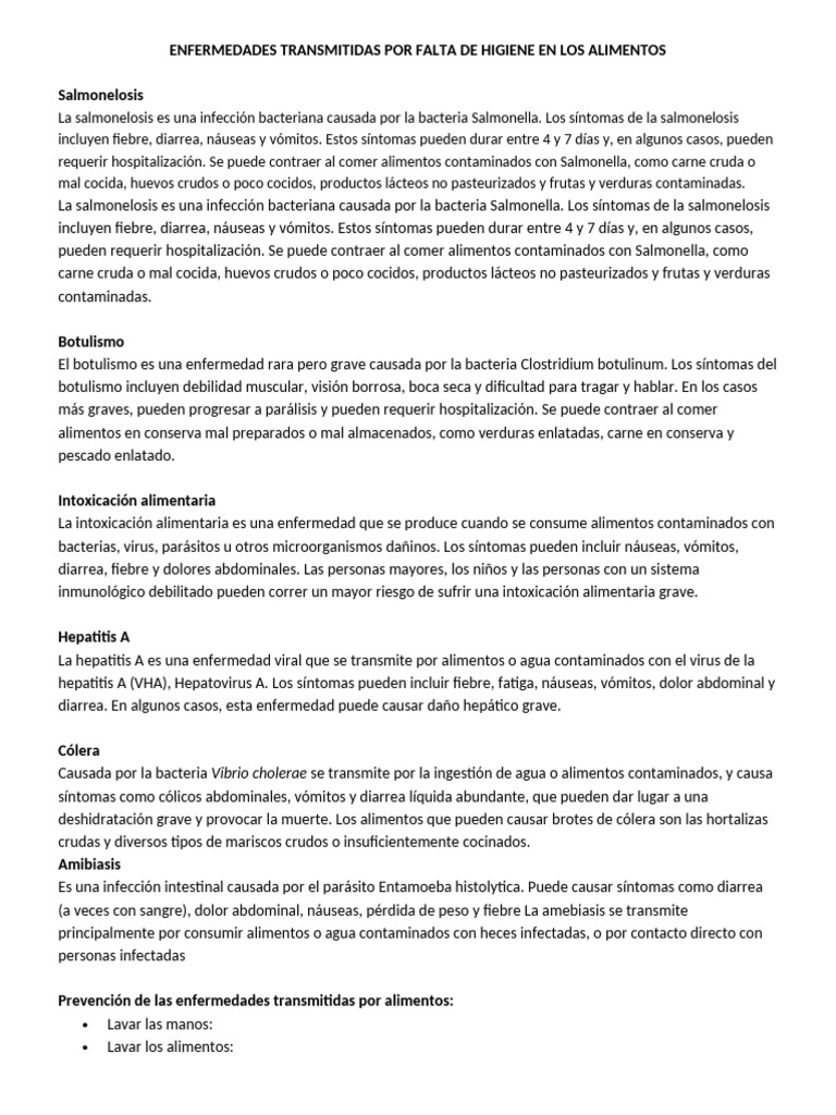 Enfermedades Transmitidas Por Falta de Higiene en Los Alimentos | PDF ...