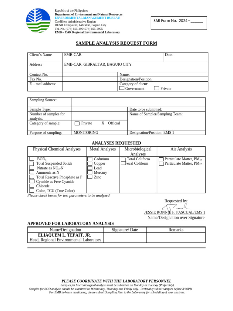 Sample Analysis Request Form | PDF | Environmental Issues | Chemical ...
