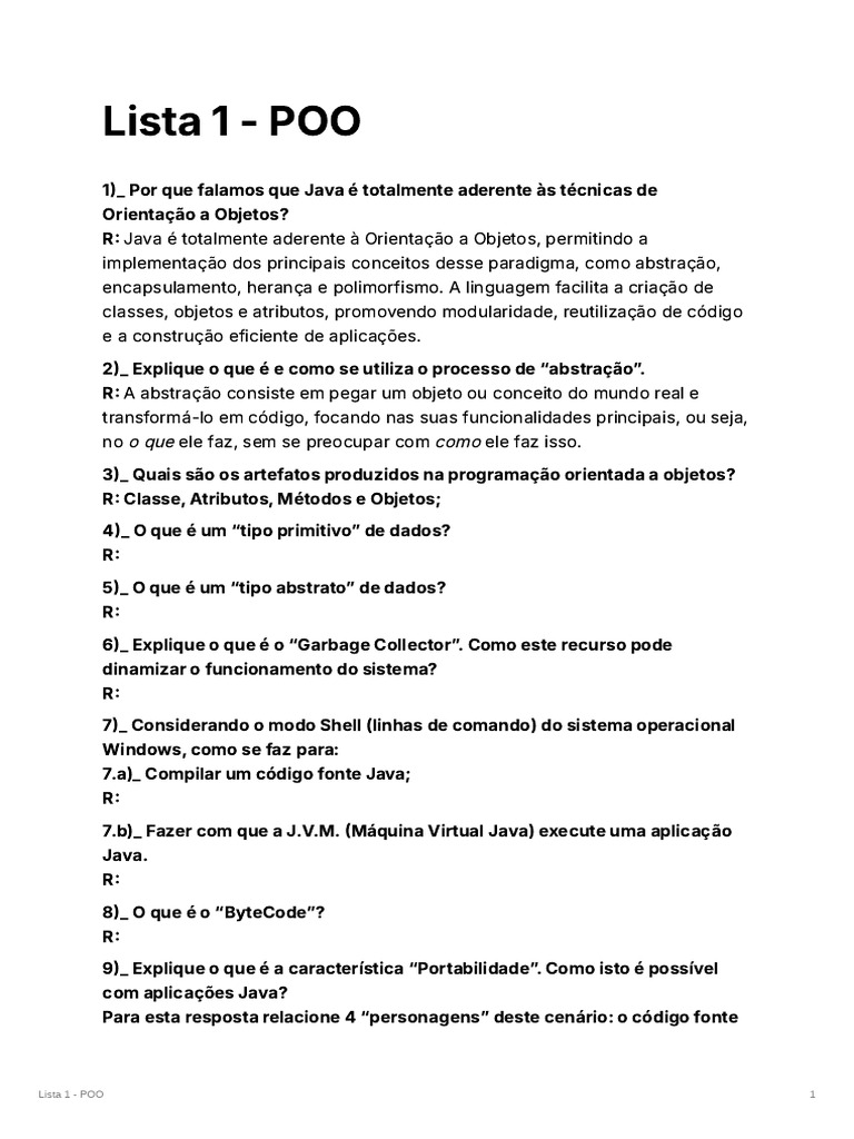 Lista 1 - POO | PDF | Programação orientada a objetos | Java (linguagem ...