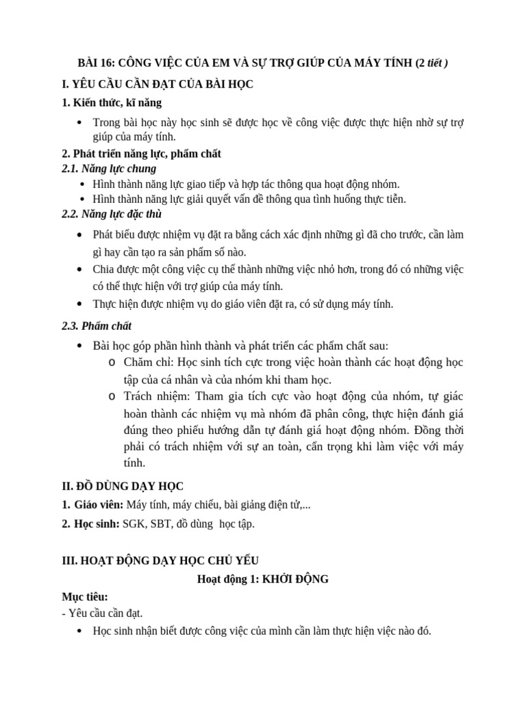 Ga Tin Hoc 3 KNTT Bai 16 Cong Viec Cua em Va Su Tro Giup Cua May Tinh | PDF