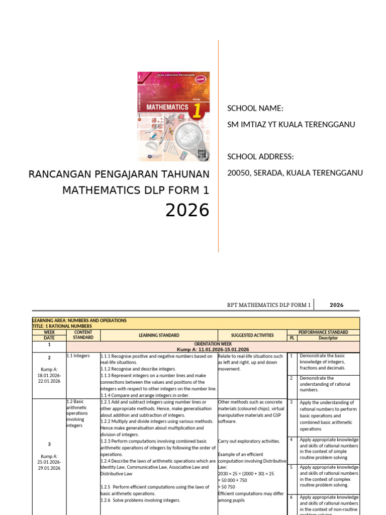 RPT Math DLP Form 1 2026 by Rozayus Academy | PDF | Equations | Numbers