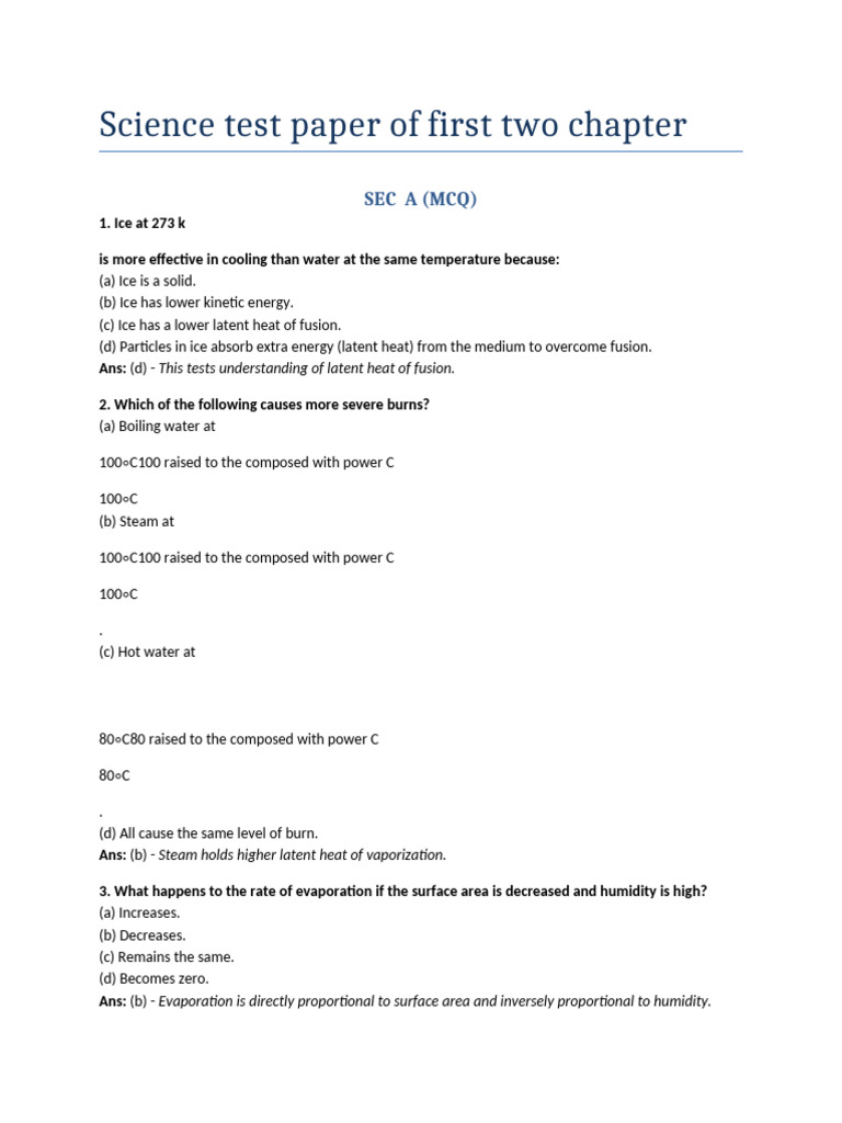 Science Test Paper of First Two Chapter | PDF | Latent Heat | Evaporation