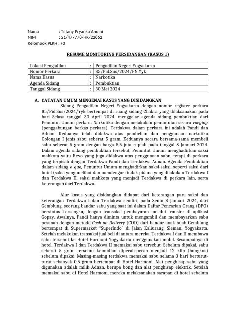 Resume Monitoring Persidangan - PLKH Pidana | PDF