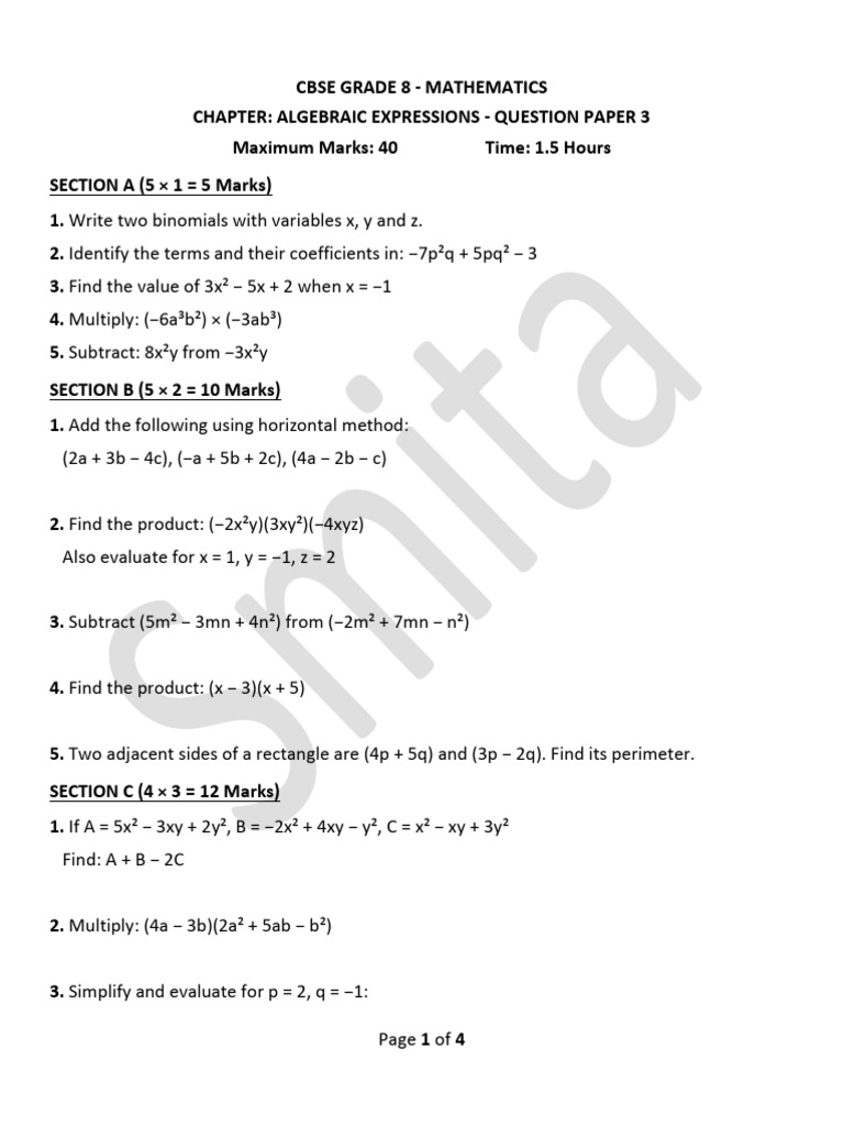 Algebraic Expressions Paper 3 | PDF | Elementary Mathematics | Mathematics