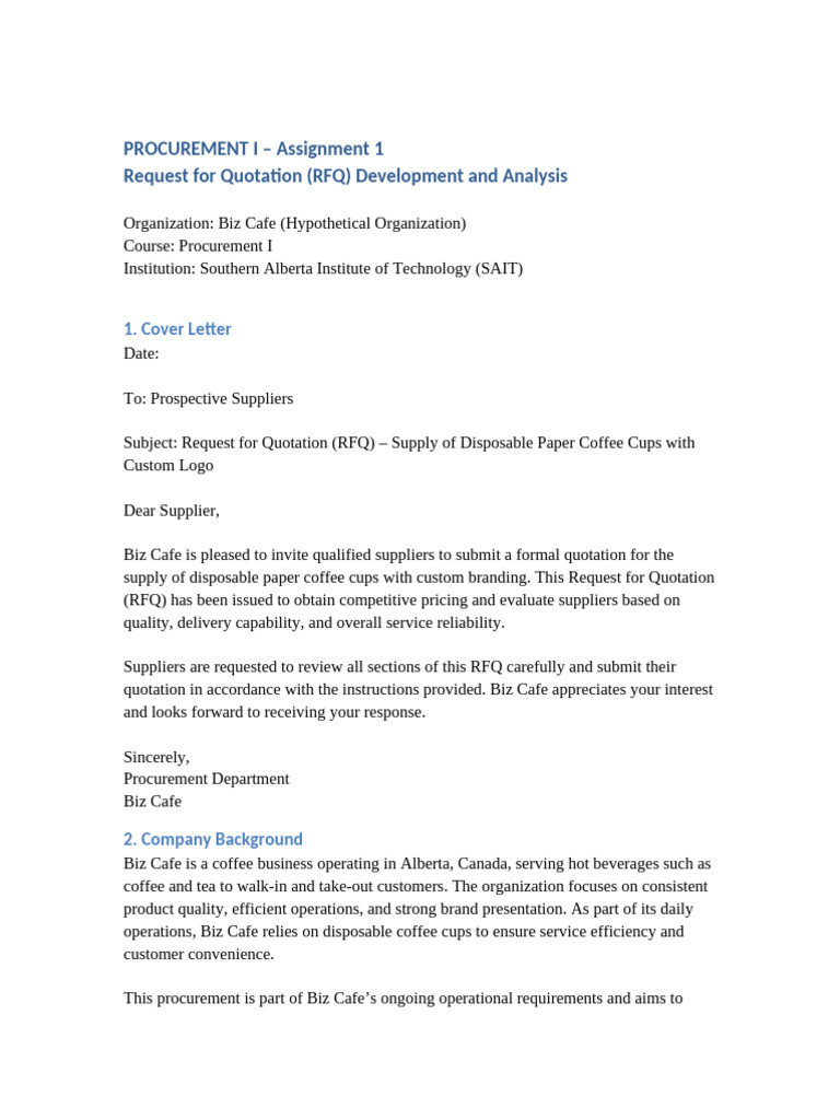 Procurement I RFQ Assignment 1 Full Report | PDF | Procurement | Supply ...