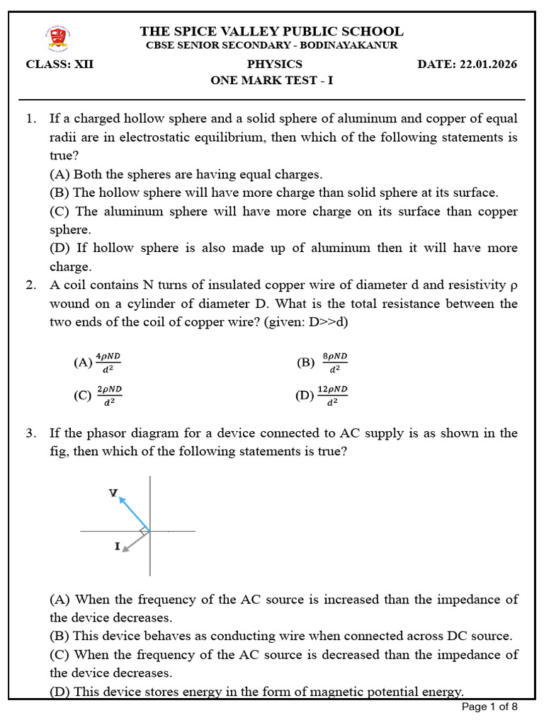Physics - One Marks - Test 1 | PDF | Light | Inductor