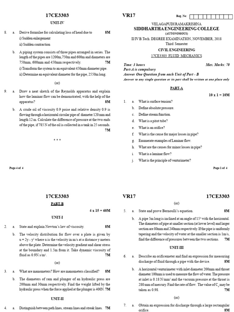 Fluid Mechanics 17ce3303 | PDF | Fluid Dynamics | Pressure