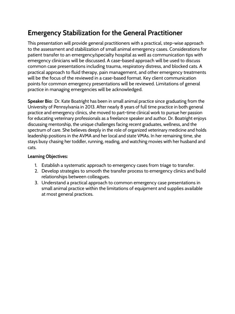 Practice Pearls. Emergency Stabilization For General Practitioners ...