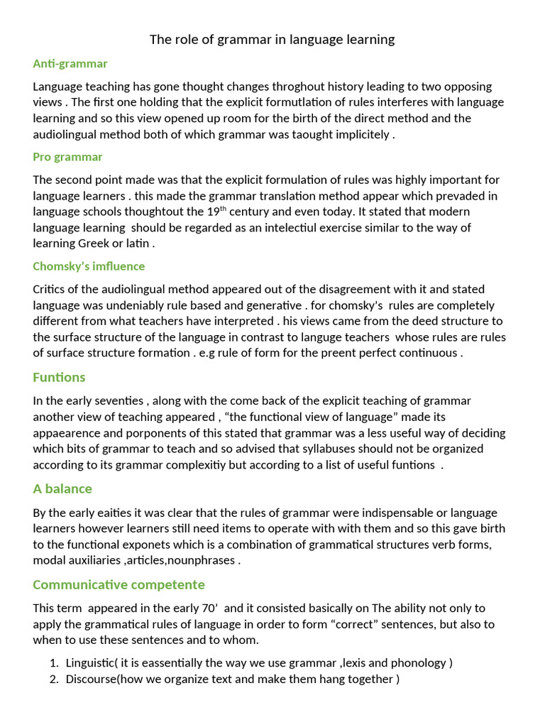 The Role of Grammar in Language Learning - Summary | PDF | Grammar ...