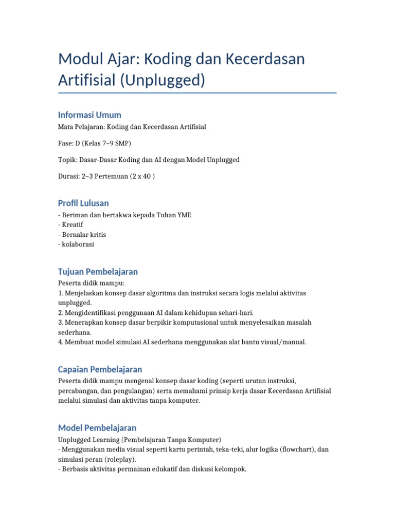 Modul Ajar Koding Dan AI Unplugged | PDF