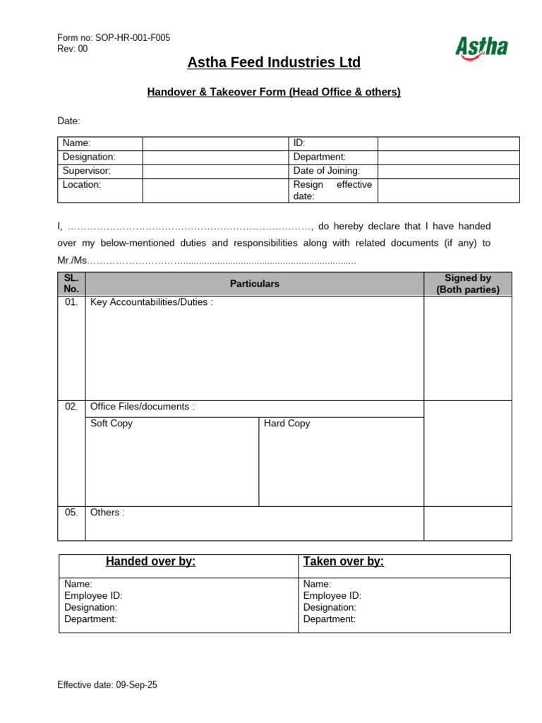 Handover Takeover Form-HO & Others | PDF
