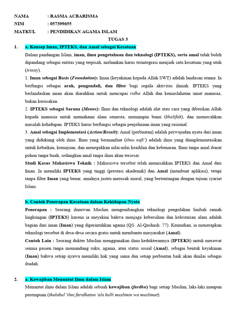 Tugas 3 Pendidikan Agama Islam - Rasma Acbarisma 057399655 | PDF