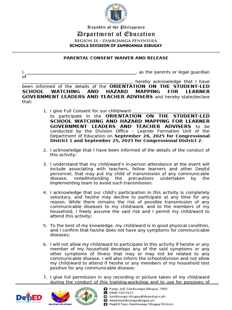 Parental Consent Waiver and Release Hazard Mapping | PDF | Consent