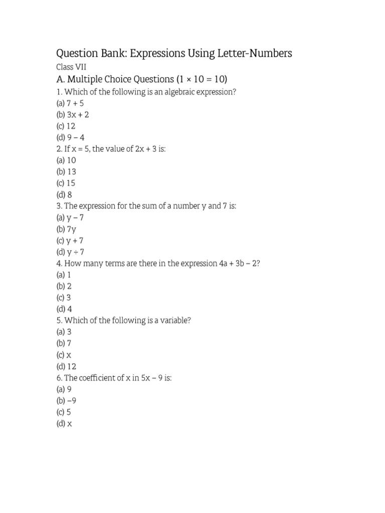 Expressions Letter Numbers Question Paper | PDF