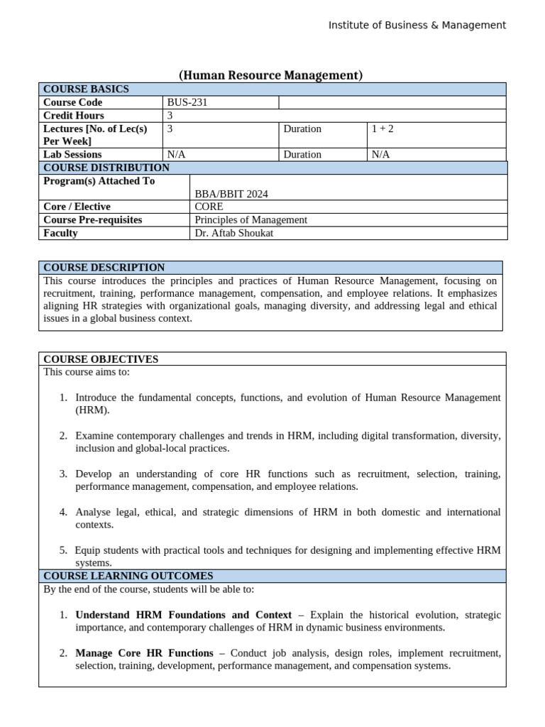 BUS-231 HRM Course Outlines | PDF | Human Resource Management ...