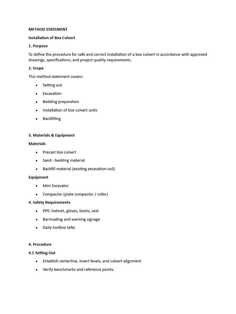 METHOD STATEMENT Installation of Box Culvert | PDF