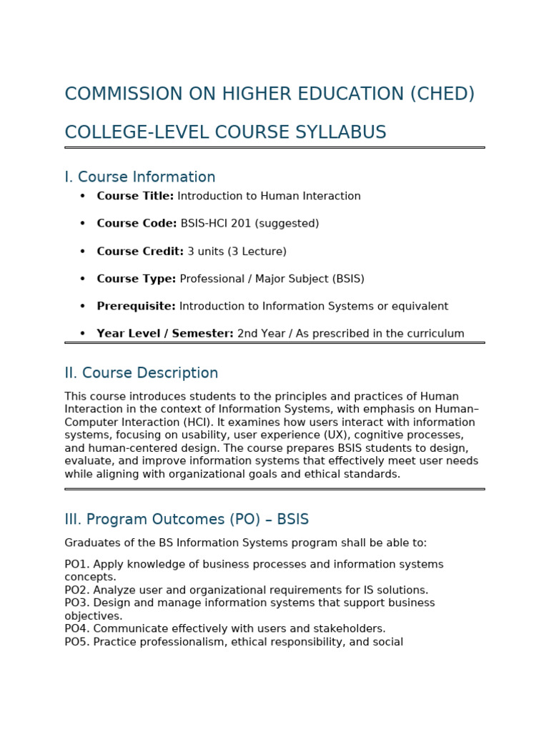 Ched-compliant Course Syllabus – Introduction to Human Interaction ...