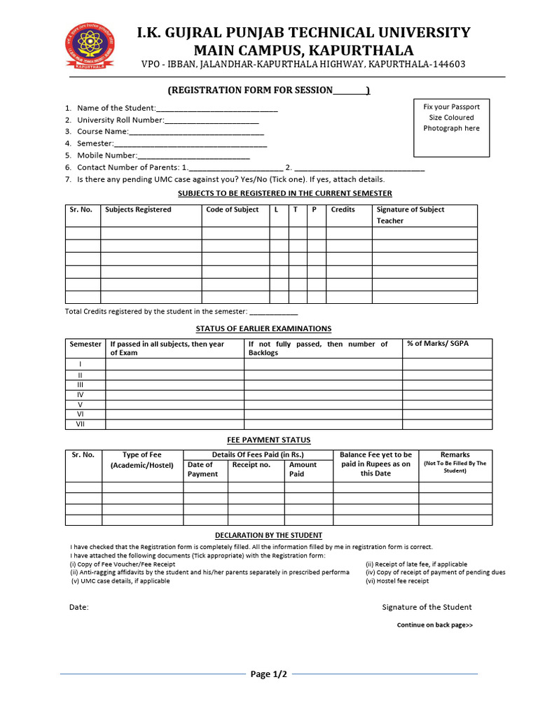 Updated Semester Registration Form | PDF