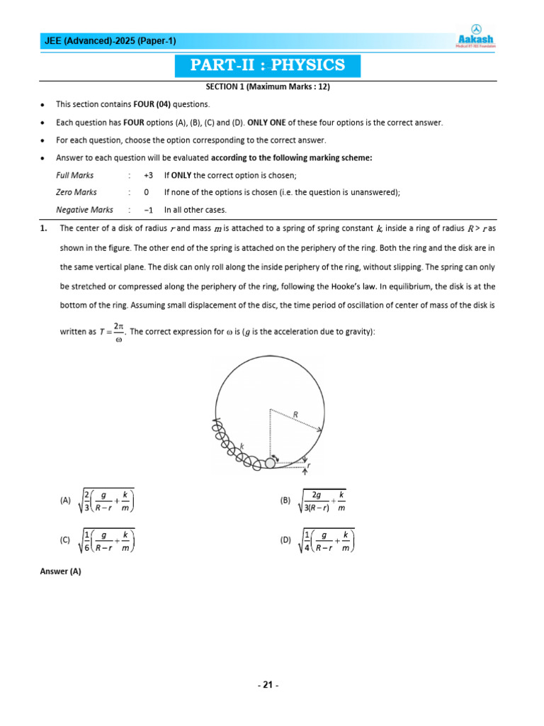 Physics JEE (Advanced) 2025 Paper 1 Answers & Solutions | PDF | Mass ...