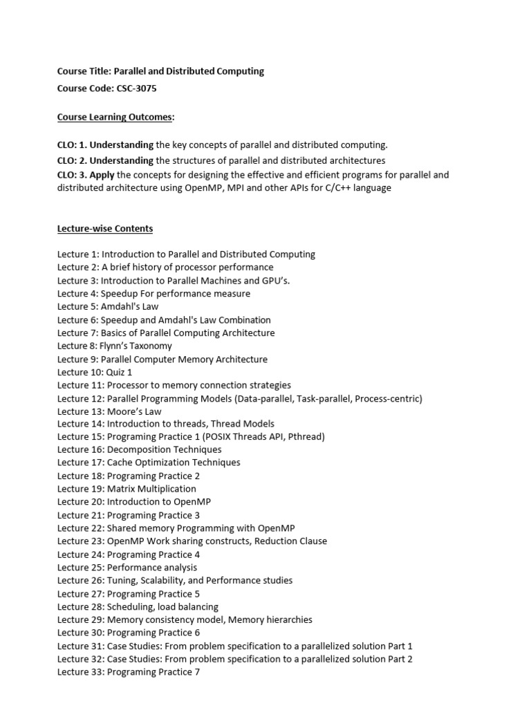 PDC-outline New - Lecture Wise Breakdown | PDF | Parallel Computing ...