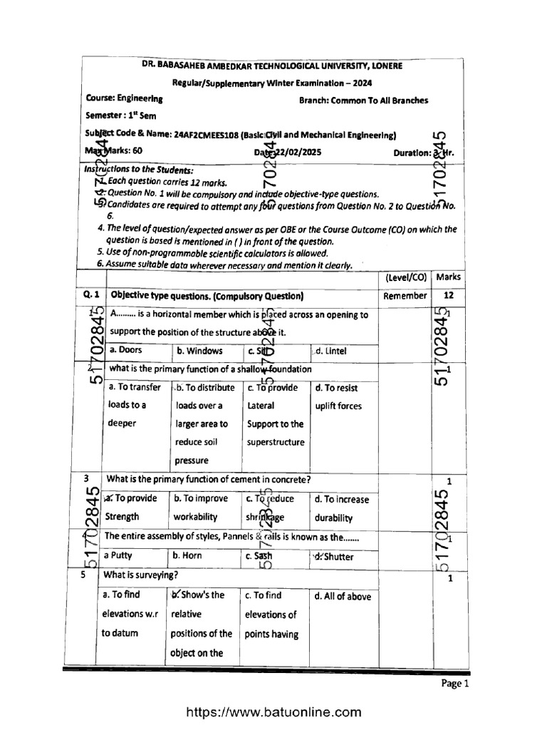 Btech 1 Year Basic Civil and Mechanical Engineering 24af2cmees108 Feb ...