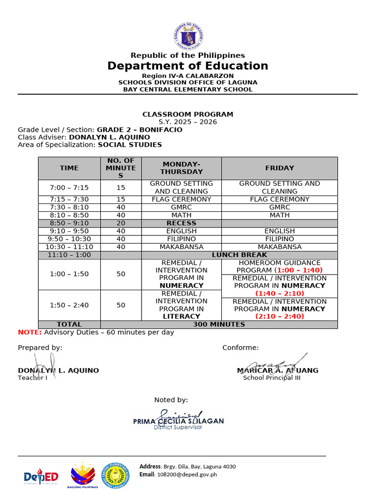Grade 2 Classroom Teachers Program 2025 2026 Edited | PDF | Educational ...