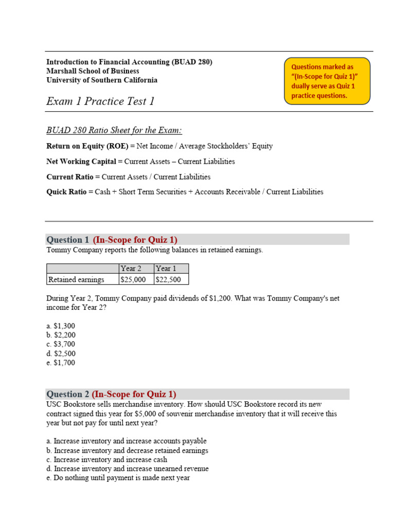Quiz 1 & Exam 1 Practice Test 1 With Answers | PDF | Debits And Credits ...