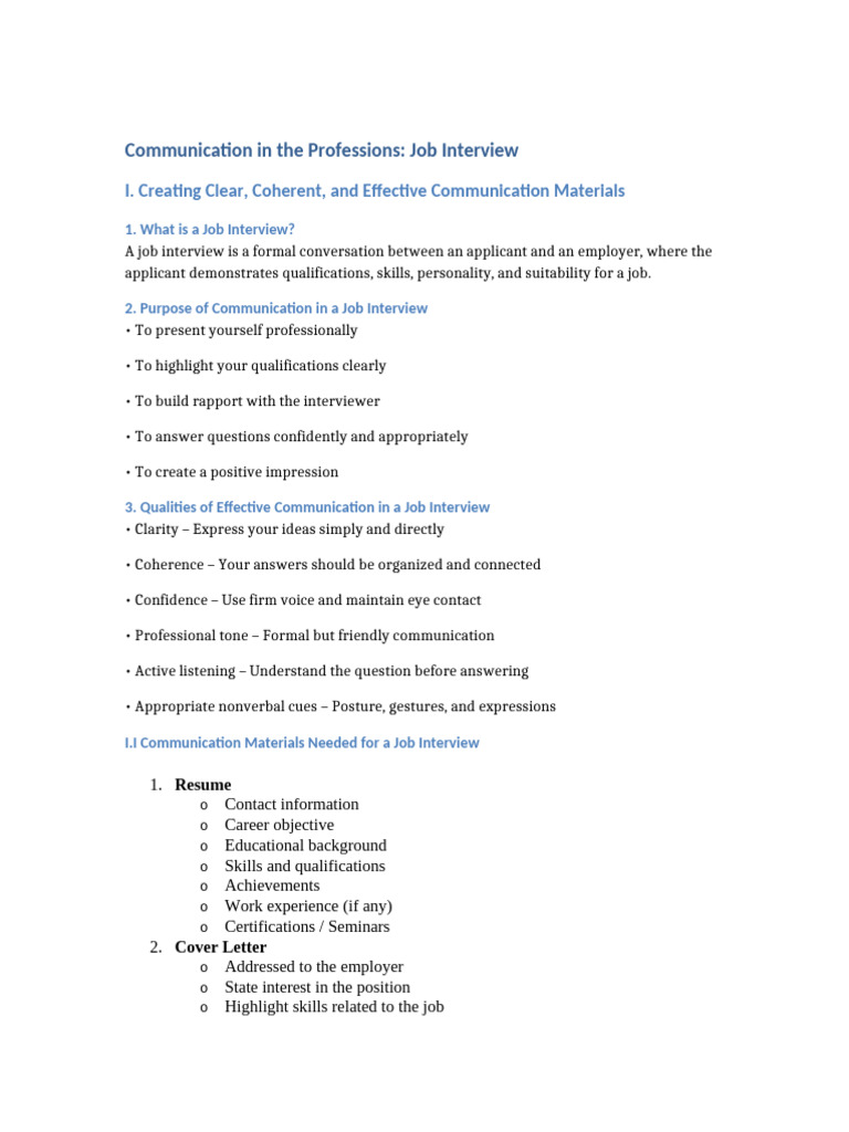 Lesson-1-Communication in The Professions Job Interview | PDF | Job ...