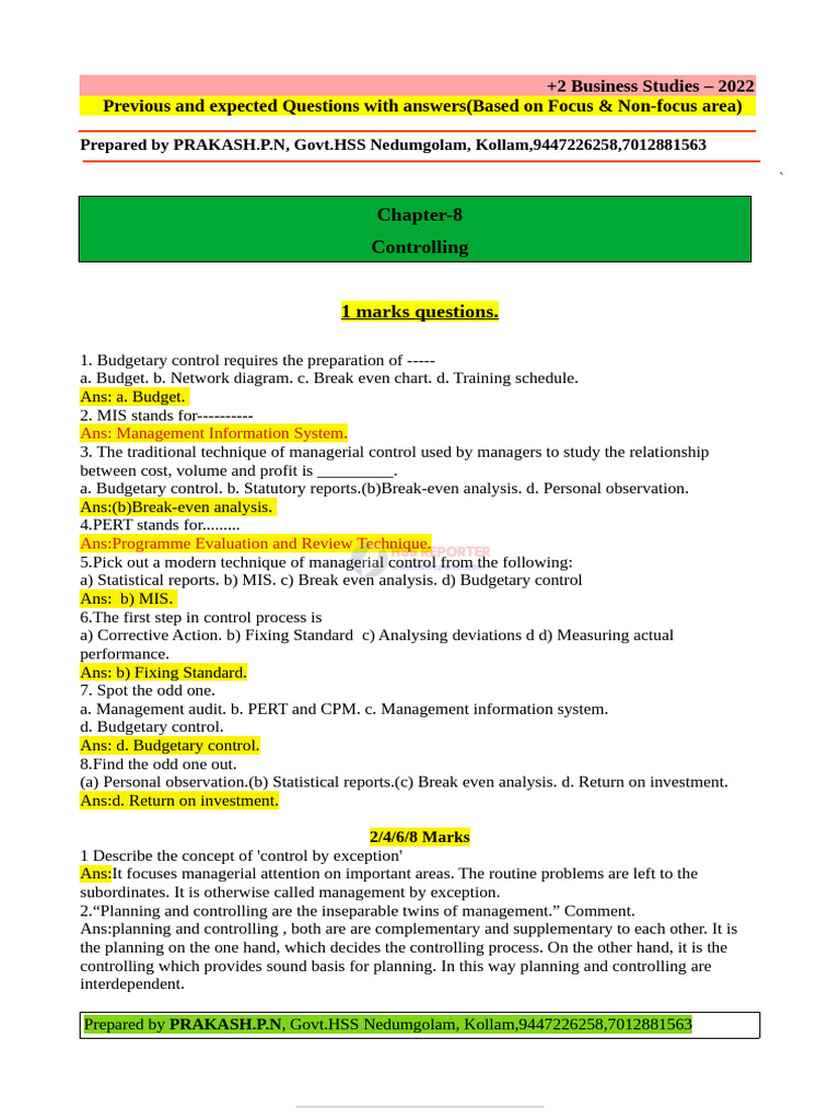 HSSRPTR - Expected Qns - ch-8 Controlling | PDF