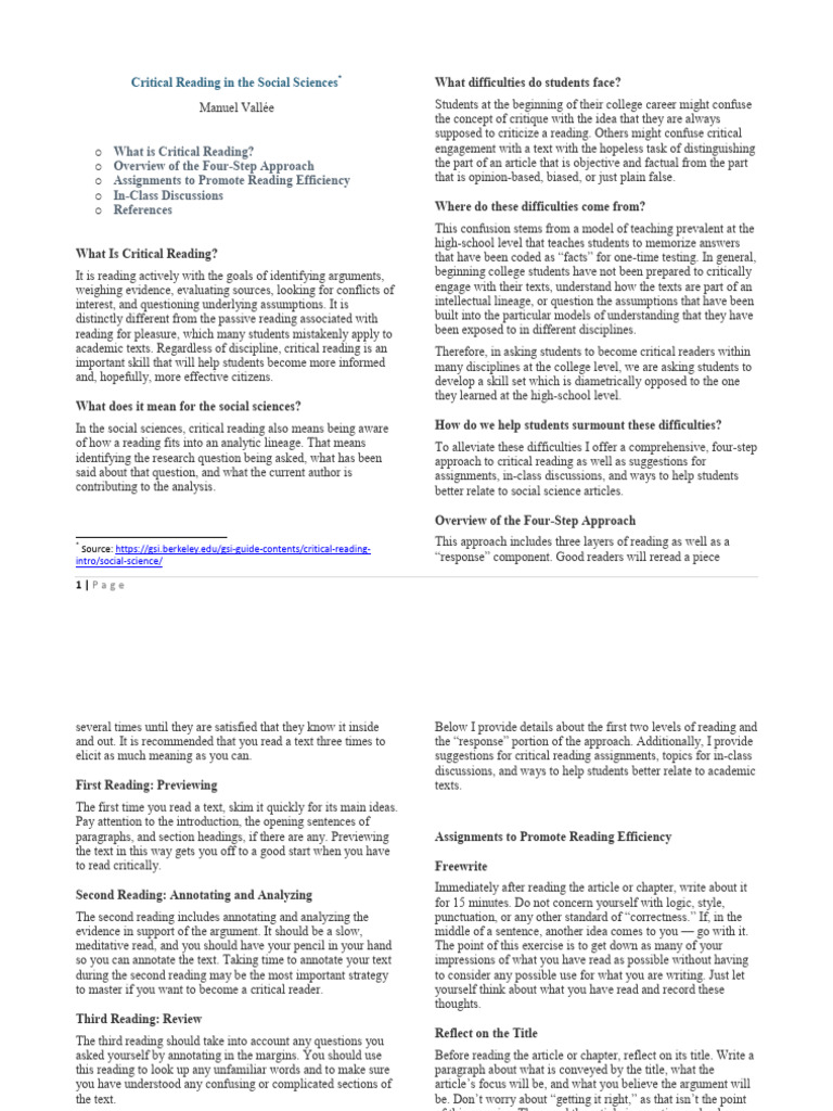 Critical Reading in The Social Sciences | PDF | Argument | Science