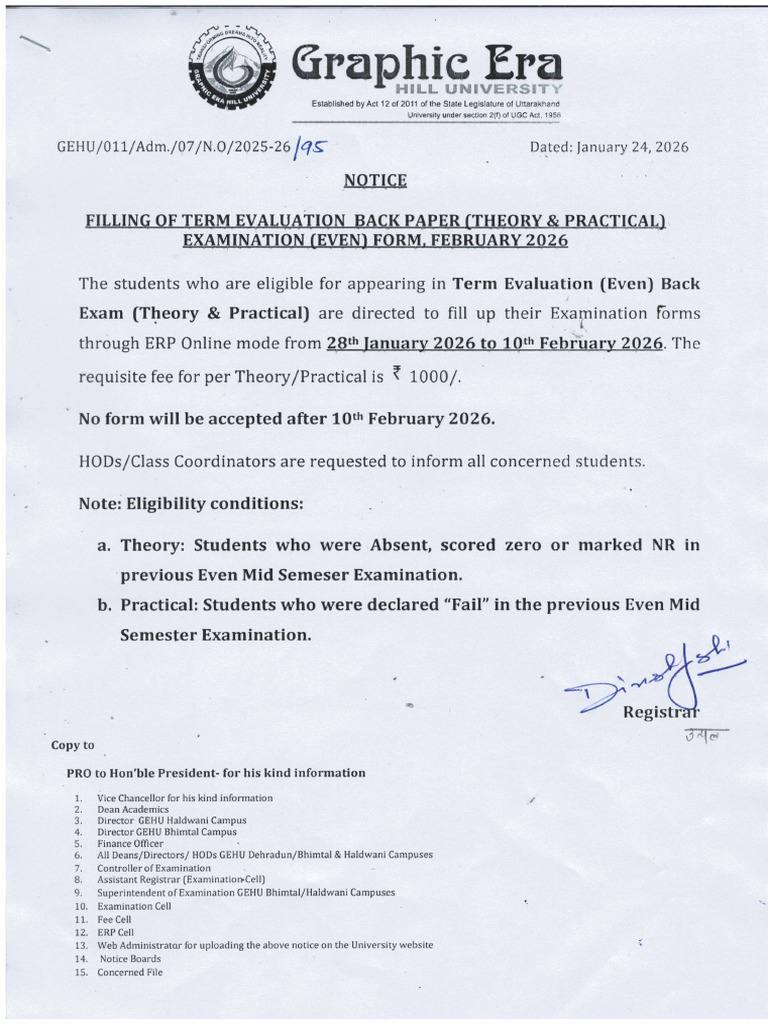 Notice No 95-Filling of Term Evaluation Back Paper (Theory & Practical ...