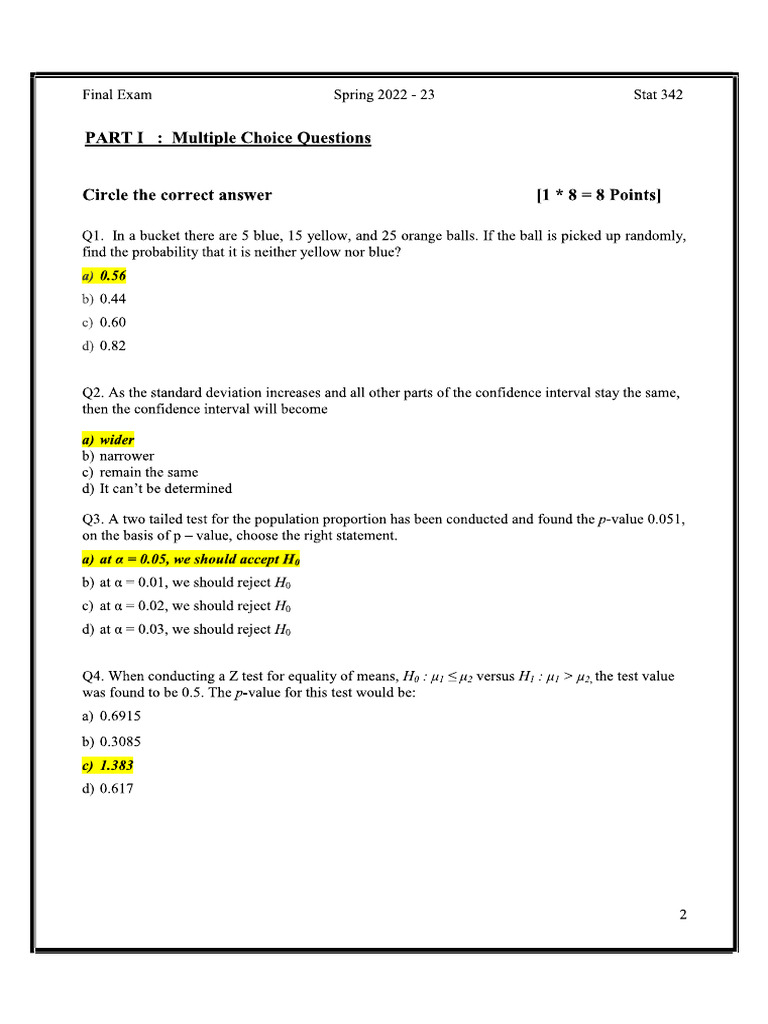 Stat 342 Sample Final Examination Paper | PDF