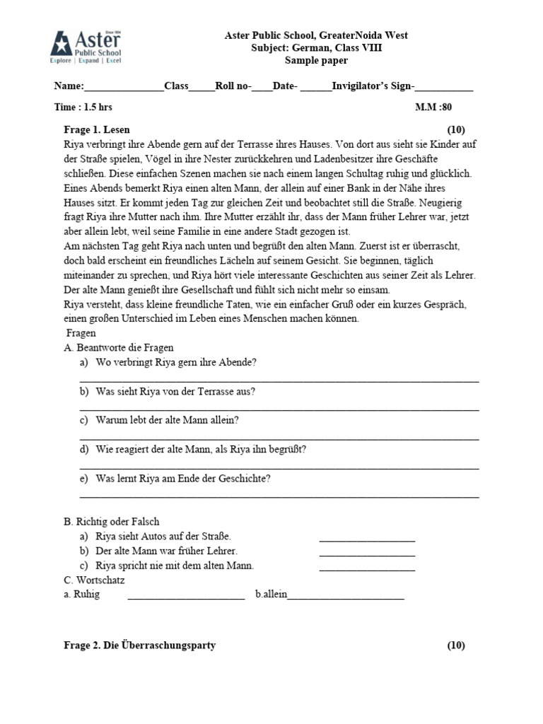 German Class 8 Sample Paper | PDF