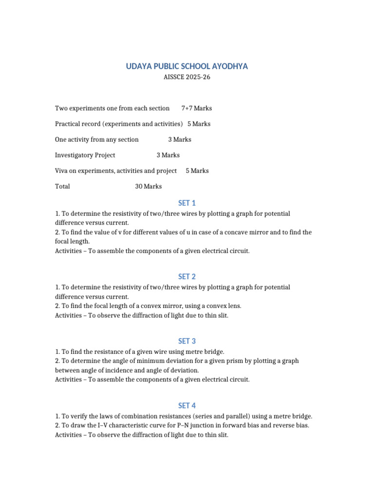 AISSCE Physics Practical 2025 26 All Sets | PDF | P–N Junction ...