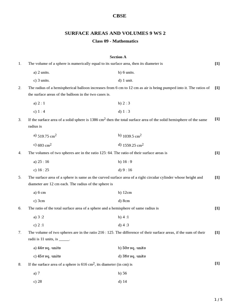 Surface Areas and Volumes WS 2 (Surface Area of a Sphere ) | PDF ...