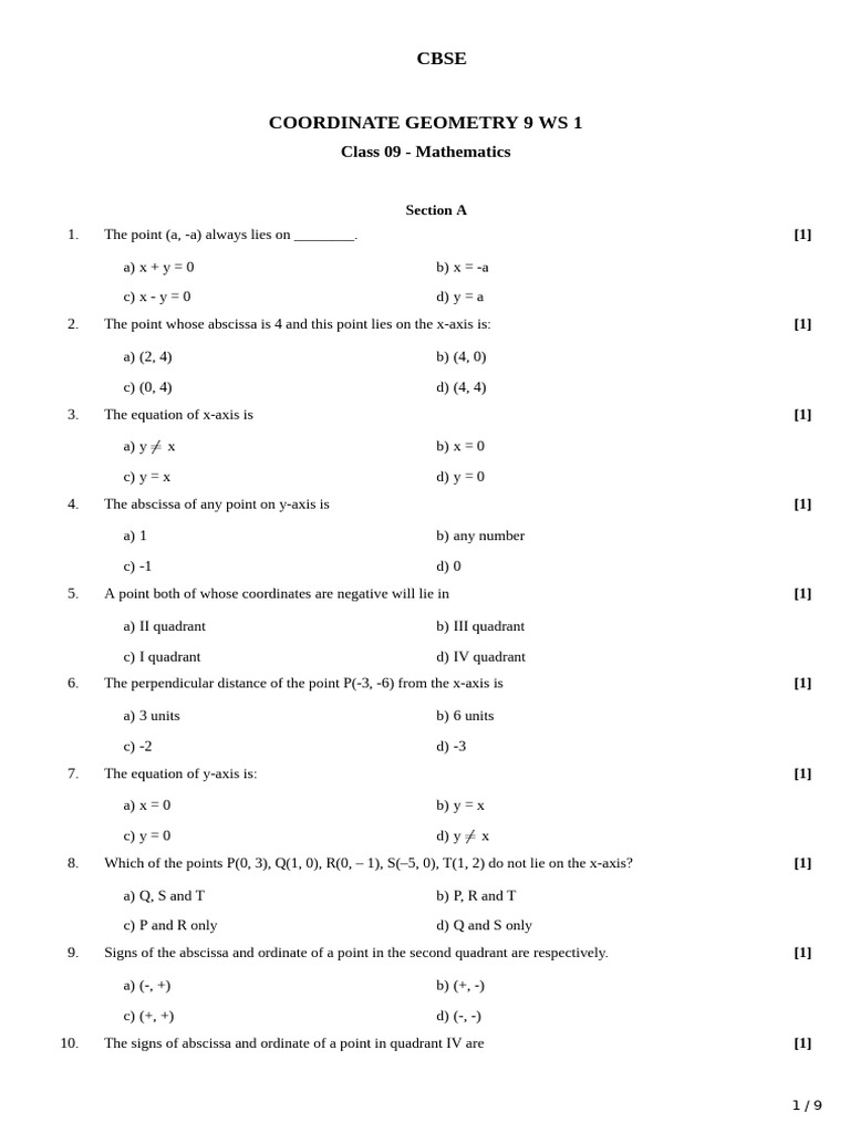 Coordinate Geometry WS 1 (Cartesian System) | PDF | Cartesian ...