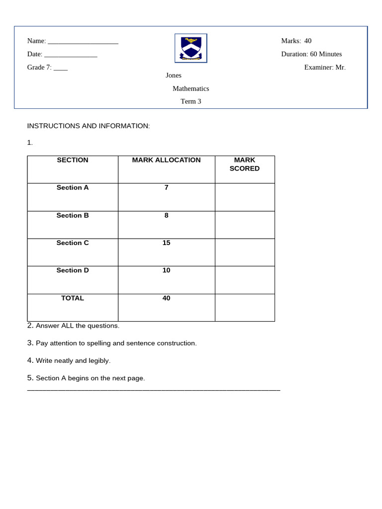 Math Term 3 test 2023 | PDF | Circle | Equations