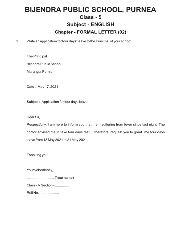 Class 5 Subject English Chapter Formal Letter 02 | PDF