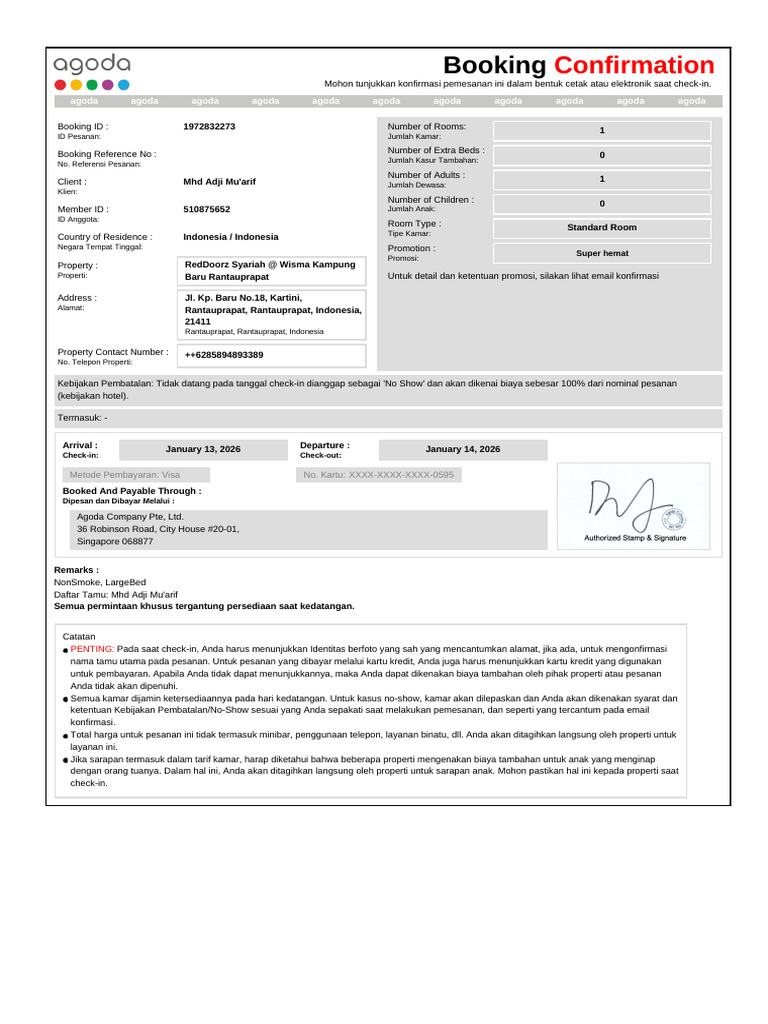 13 Jan 2026 Confirmation For Booking ID # 1972832273 | PDF