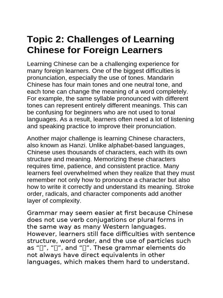 Topic 2 - Challenges of Learning Chinese For Foreign Learners | PDF ...