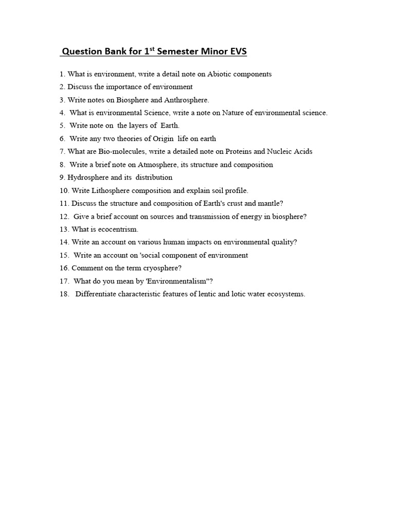 Question Bank For 1st Semester Minor EVS | PDF