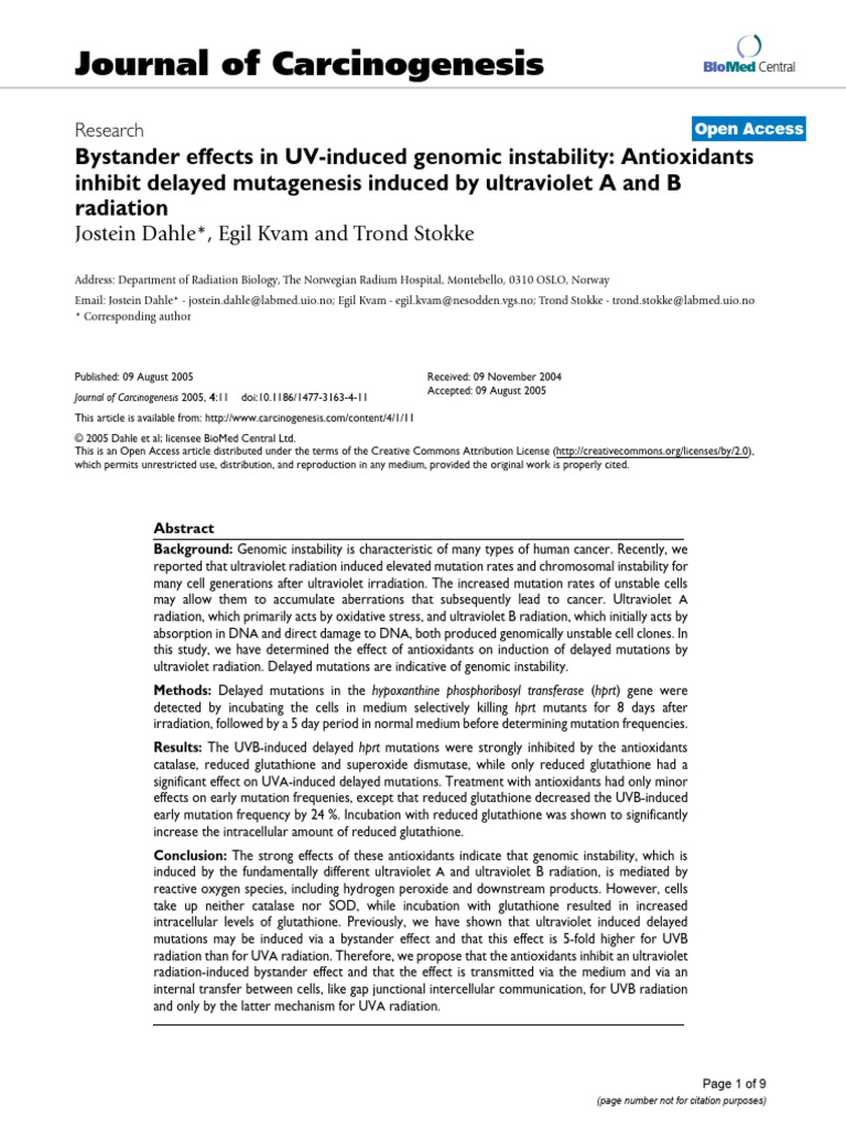 Bystander Effects in UV-Induced Genomic Instability Antioxidants ...