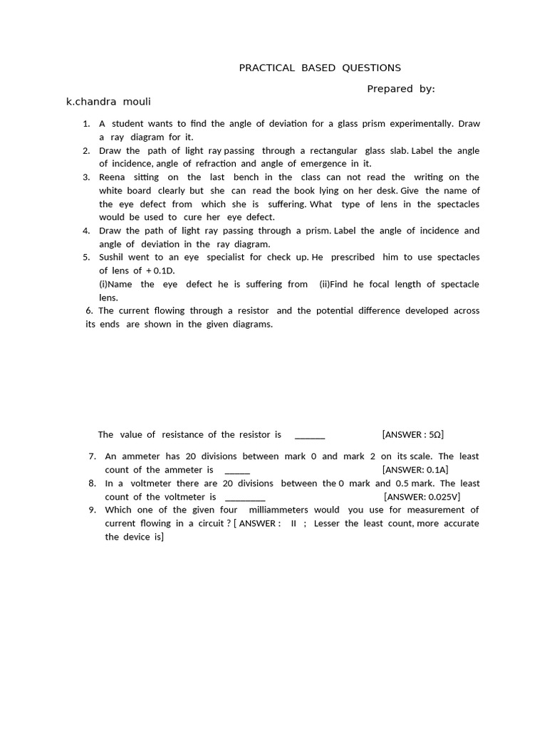 Practical Based Questions Worksheet | PDF | Electrodynamics ...