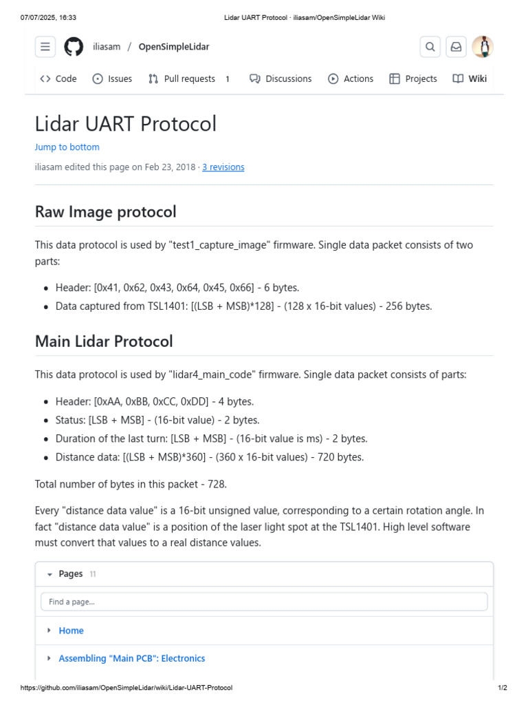Lidar UART Protocol · Iliasam_OpenSimpleLidar Wiki | PDF