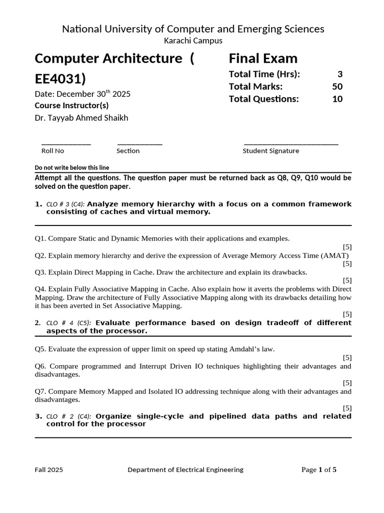CA Final Exam Paper Fall 2025 | PDF | Cpu Cache | Computer Hardware
