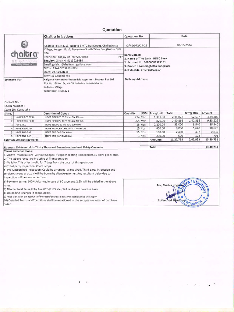 Chitra Irrigations HDPE Pipe Quotation | PDF
