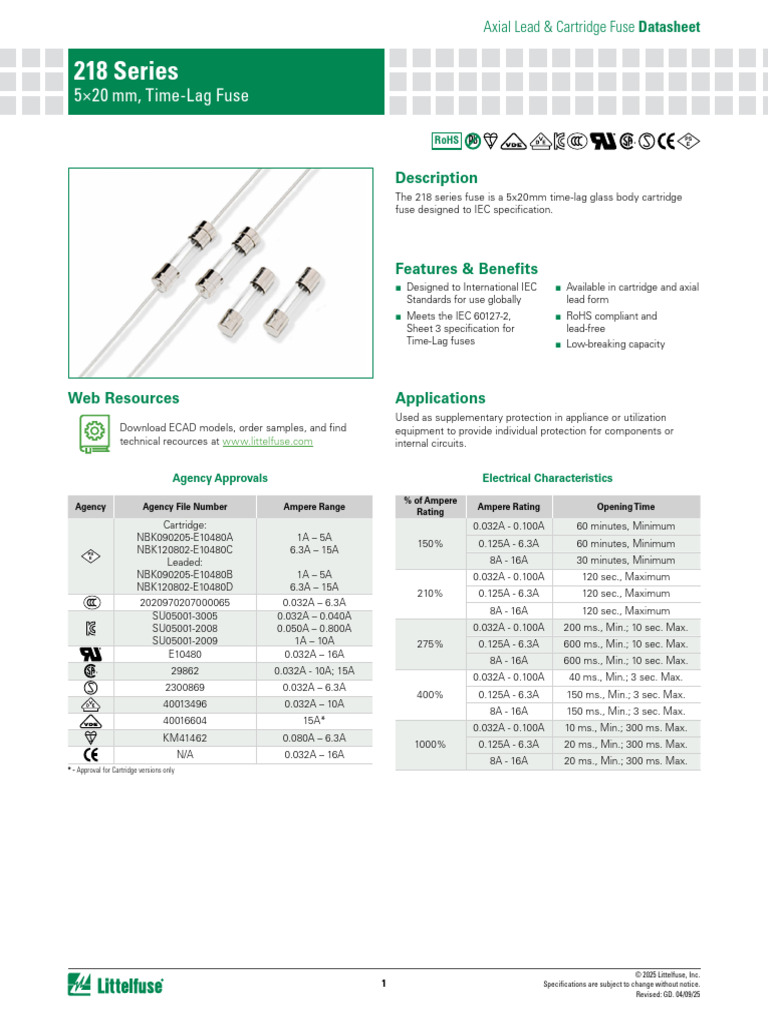 Littelfuse Fuse 218 Datasheet | PDF | Soldering | Fuse (Electrical)