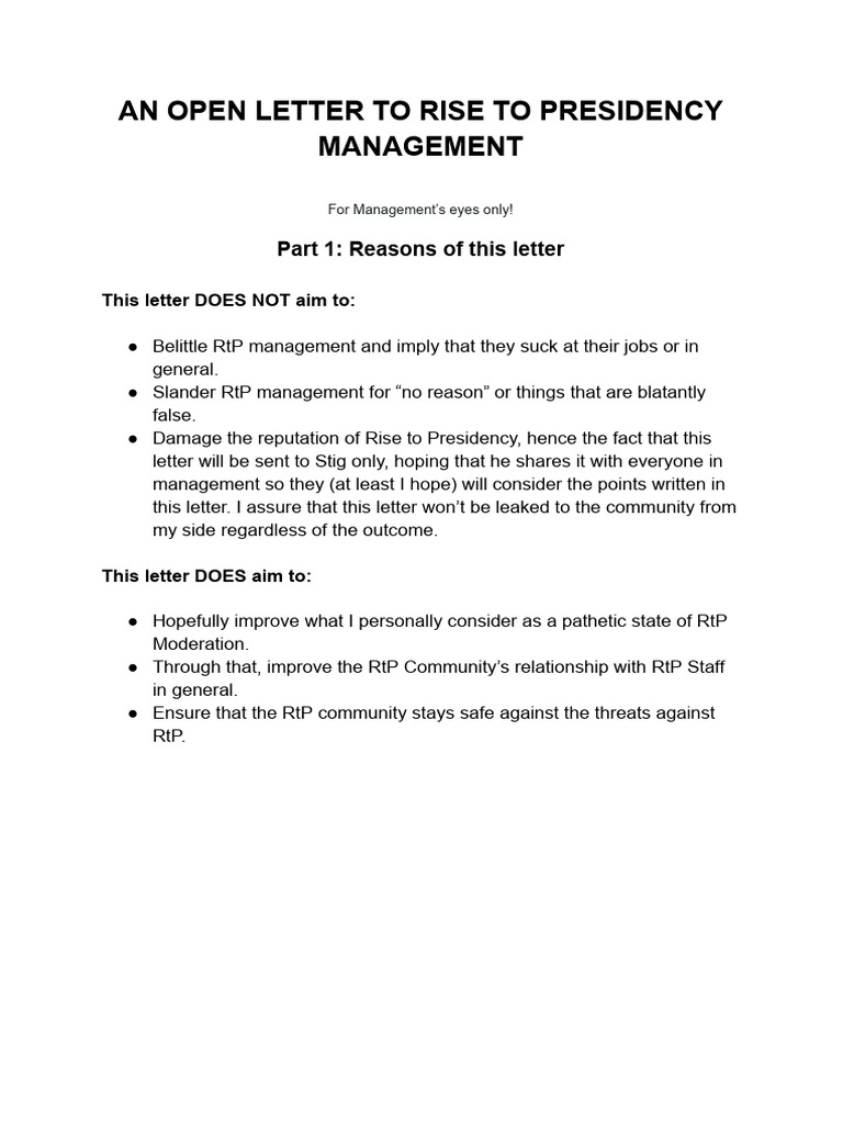 Open Letter to RtP Management | PDF