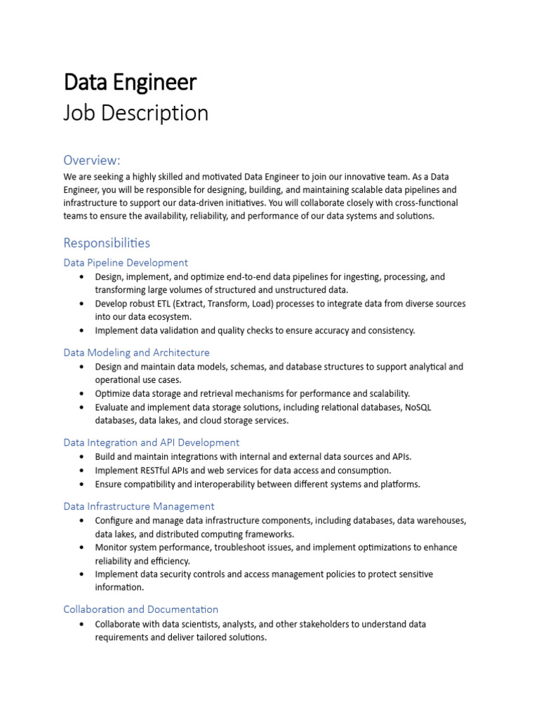 Job Description Data Engineer Sample | PDF | Databases | Data