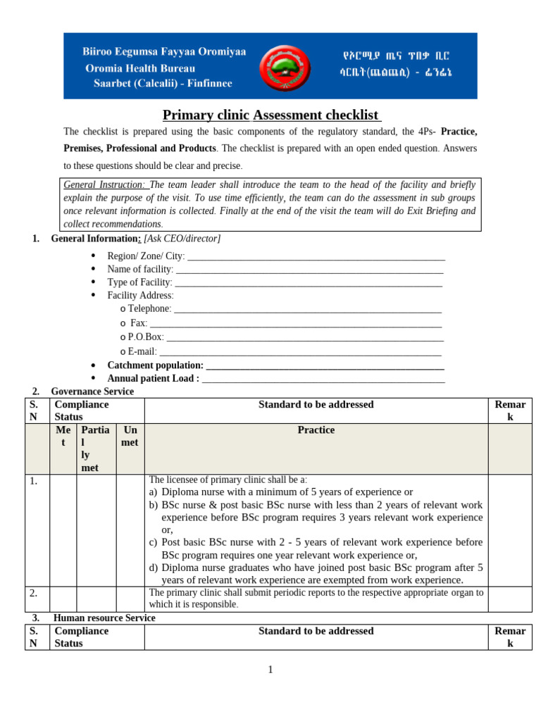 Primary Clinic Checklist | PDF | Medical Prescription | Sanitation